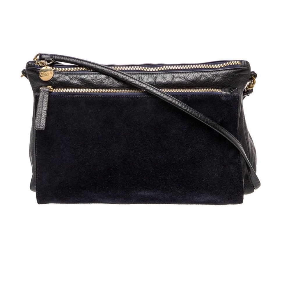 RaClare V Pebbled Leather Dark Navy Suede Triple Zip Crossbody Bag